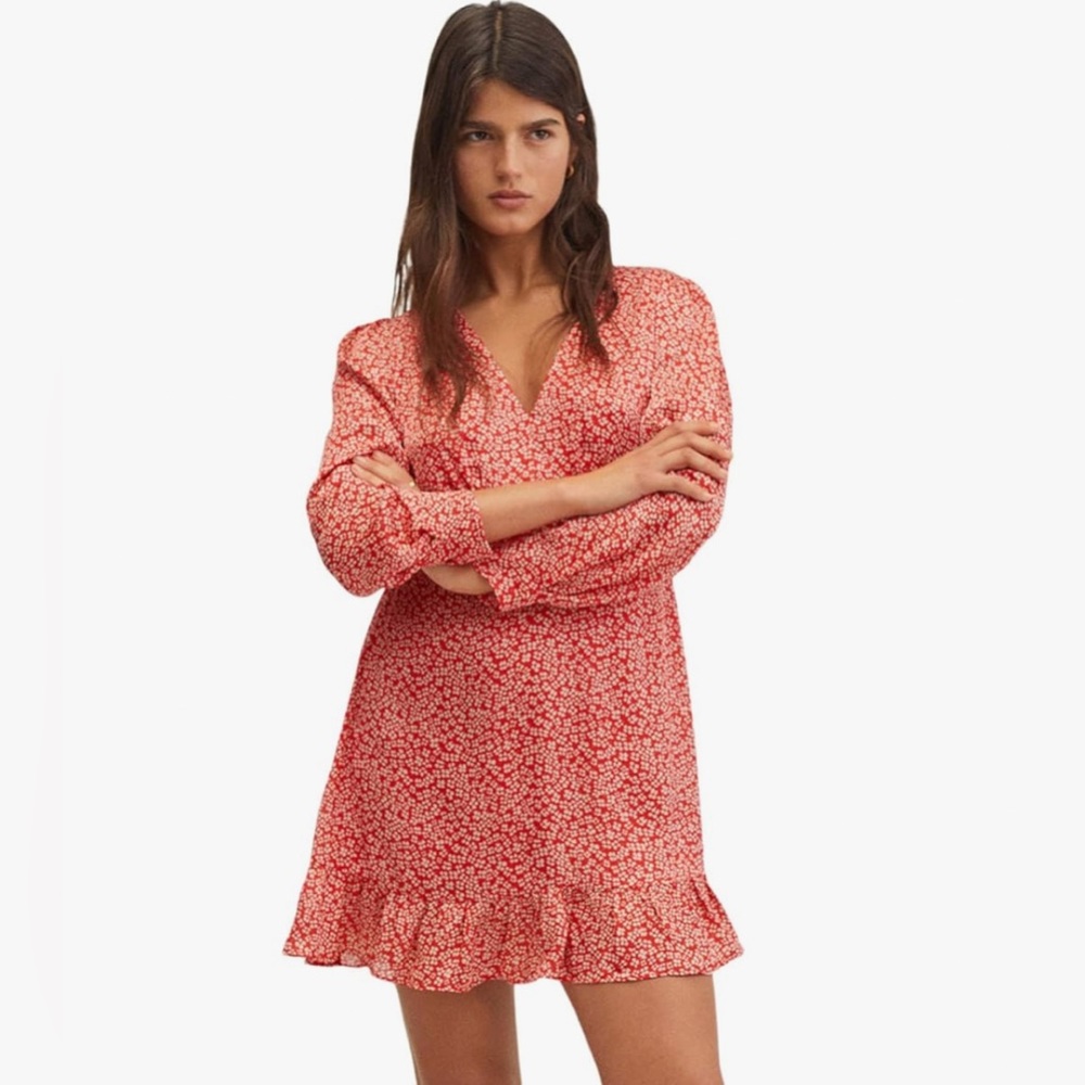 Mango Floral Long Balloon Sleeve Ruffle V Neck Mini Dress
